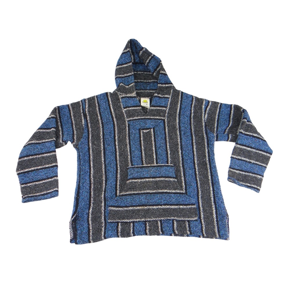 Sunspecs Mens Baja Hoodie Blue Black Striped Woven Mexican Blanket Poncho Size M